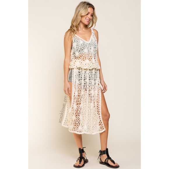 Floral Crochet Open Knit Midi Tunic Summer Top - Picture 5 of 14